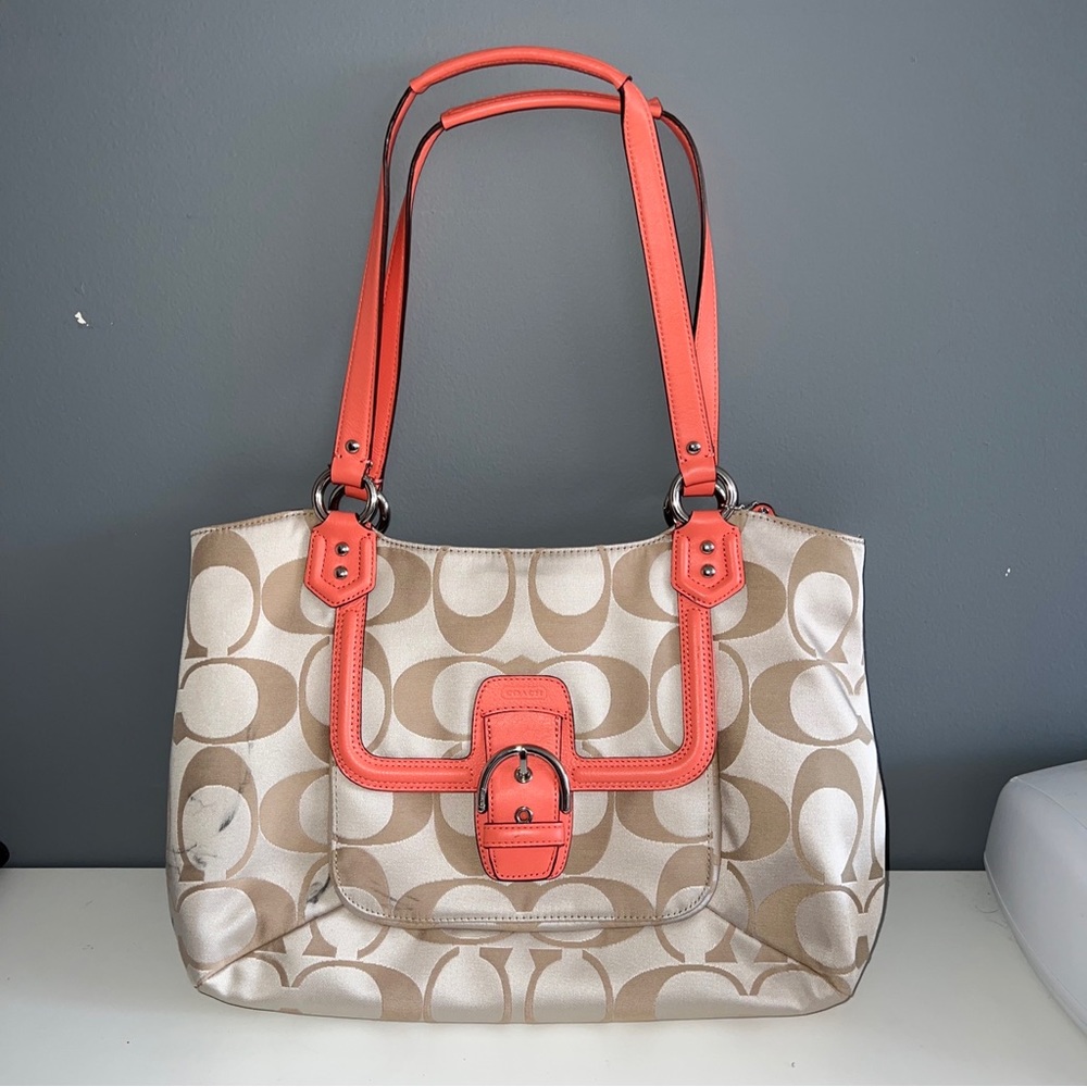 Coach F25294 Campbell Khaki Signature Sateen/Orange Leather Belle Carryall.